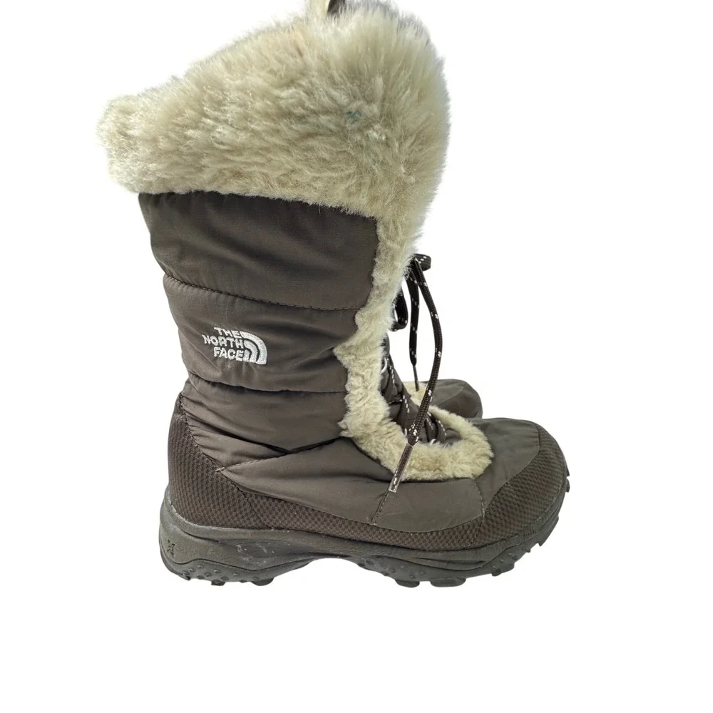 The North Face Nuptse Winter Boots Women's 6 Brown Faux Fur Trim Lace Up Quilted
